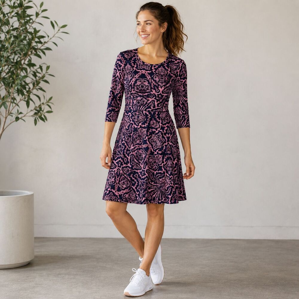 Title Nine Dream Dress Rocco Print Pink Navy Fit Flare Zip Pocket Size Small